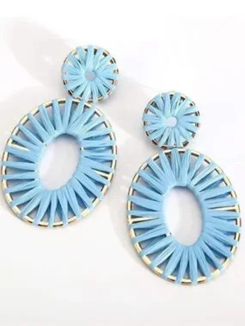 Anthropologie Sky Blue Raffia & Gold Oval Drop Earrings